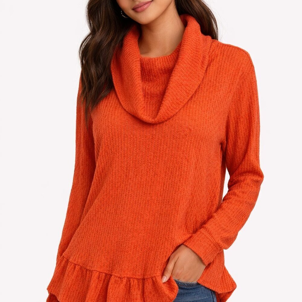 Anthro Maeve Winterscape Thermal Sweater S Orange Cowl Neck Knit Cozy